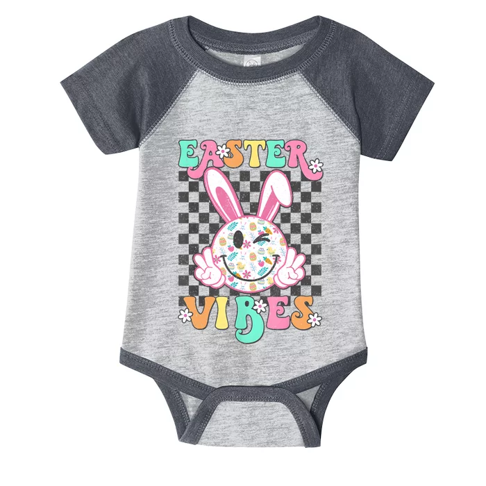 Retro Groovy Easter Vibes Bunny Checkered Smile Infant Baby Jersey Bodysuit