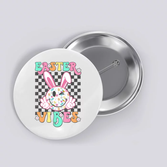 Retro Groovy Easter Vibes Bunny Checkered Smile Button