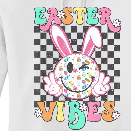 Retro Groovy Easter Vibes Bunny Checkered Smile Women's Pullover Hoodie