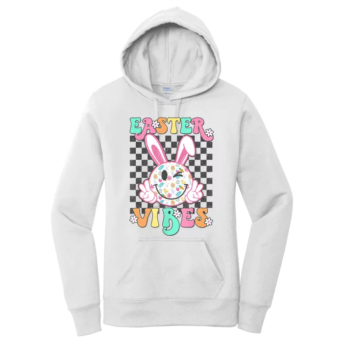 Retro Groovy Easter Vibes Bunny Checkered Smile Women's Pullover Hoodie