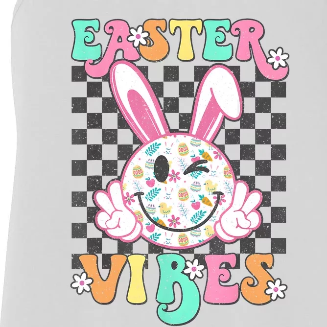 Retro Groovy Easter Vibes Bunny Checkered Smile Women's Racerback Tank