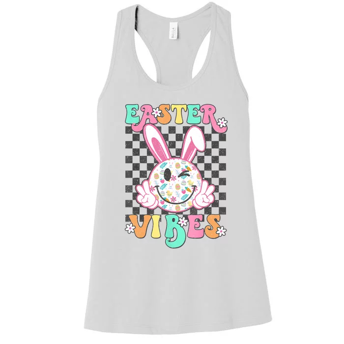 Retro Groovy Easter Vibes Bunny Checkered Smile Women's Racerback Tank