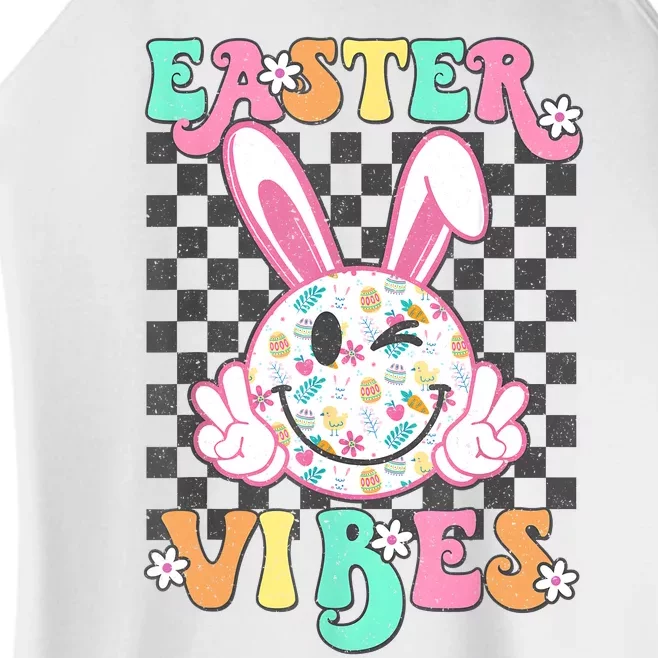 Retro Groovy Easter Vibes Bunny Checkered Smile Women’s Perfect Tri Rocker Tank