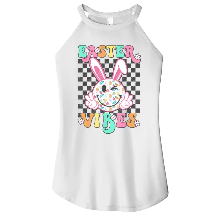 Retro Groovy Easter Vibes Bunny Checkered Smile Women’s Perfect Tri Rocker Tank