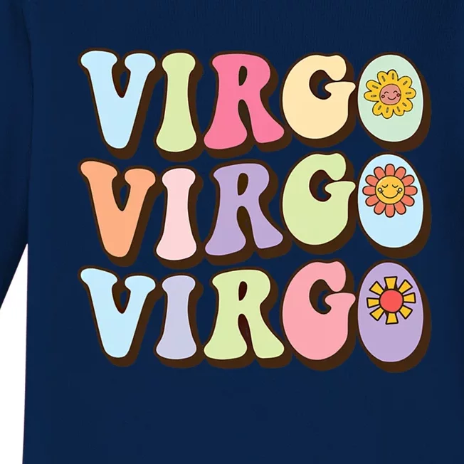 Retro Groovy Floral Virgo Zodiac Sign Birthday Horoscope Funny Gift Baby Long Sleeve Bodysuit