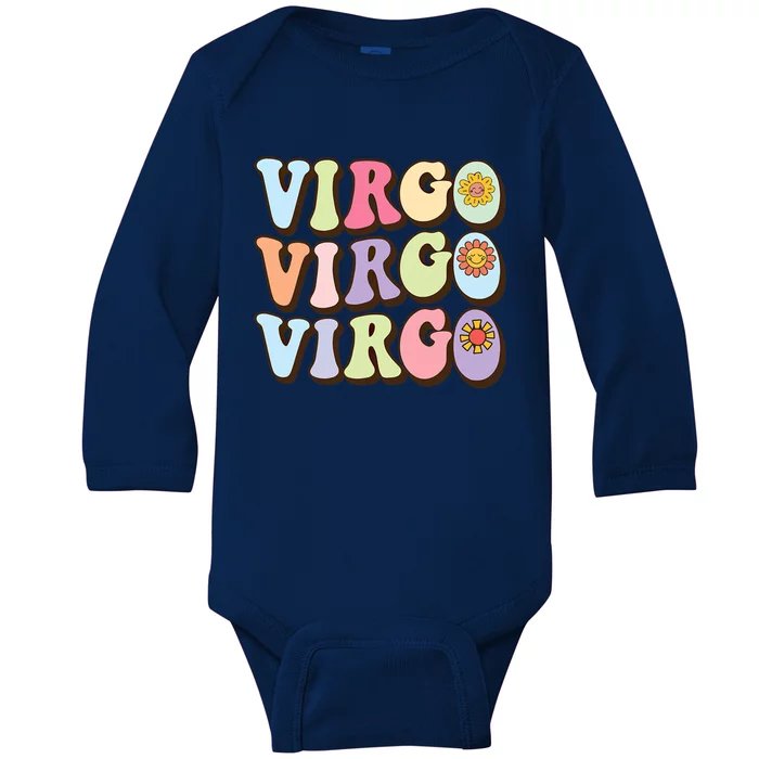 Retro Groovy Floral Virgo Zodiac Sign Birthday Horoscope Funny Gift Baby Long Sleeve Bodysuit