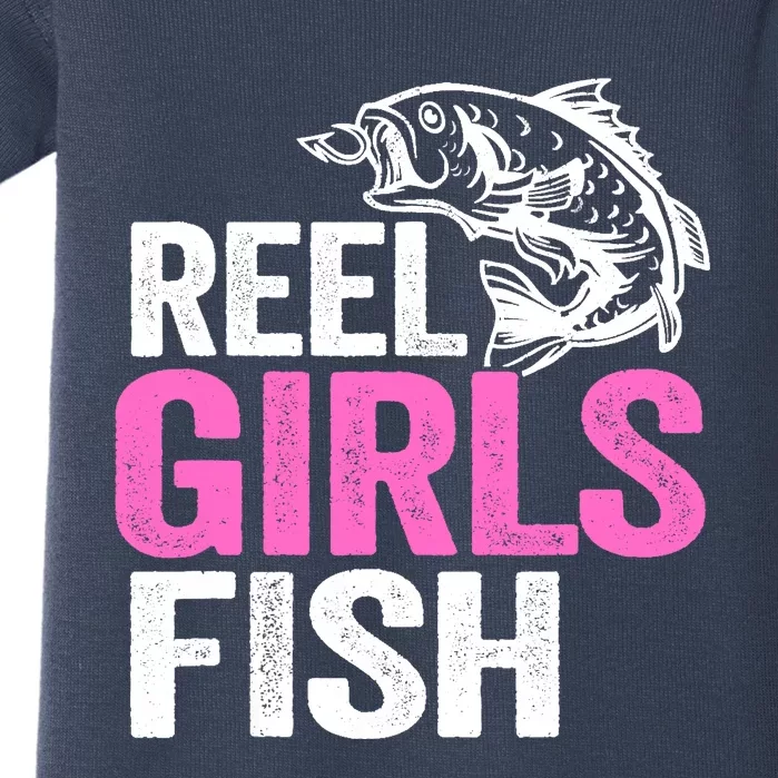 Reel Girl Fish Bass Fishing Funny Fisherwoman Mom Fishing Baby Bodysuit