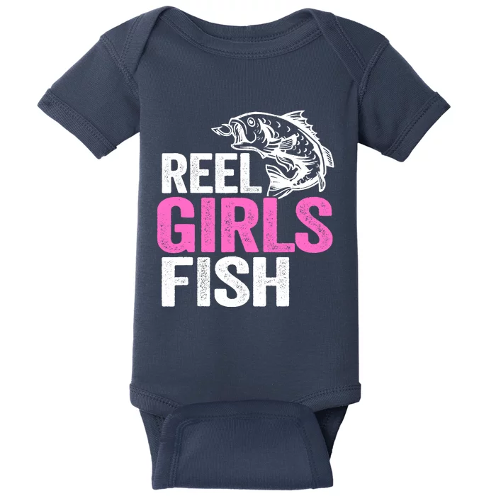 Reel Girl Fish Bass Fishing Funny Fisherwoman Mom Fishing Baby Bodysuit