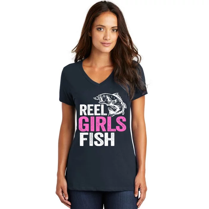 Reel Girl Fish Bass Fishing Funny Fisherwoman Mom Fishing Women's V-Neck T-Shirt