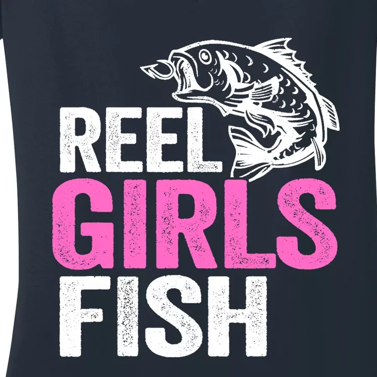 Reel Girl Fish Bass Fishing Funny Fisherwoman Mom Fishing Women's V-Neck T-Shirt