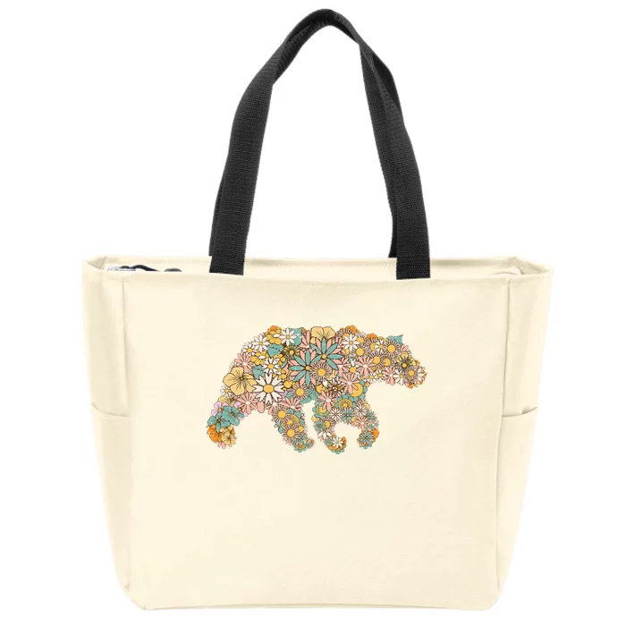 Retro Groovy Floral Bear Spring Nature Bear Lovers Zip Tote Bag