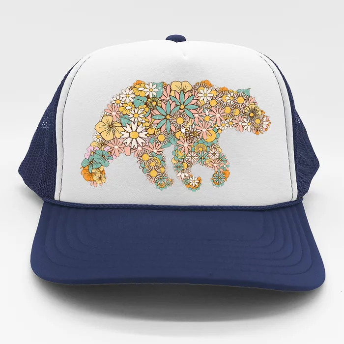 Retro Groovy Floral Bear Spring Nature Bear Lovers Trucker Hat