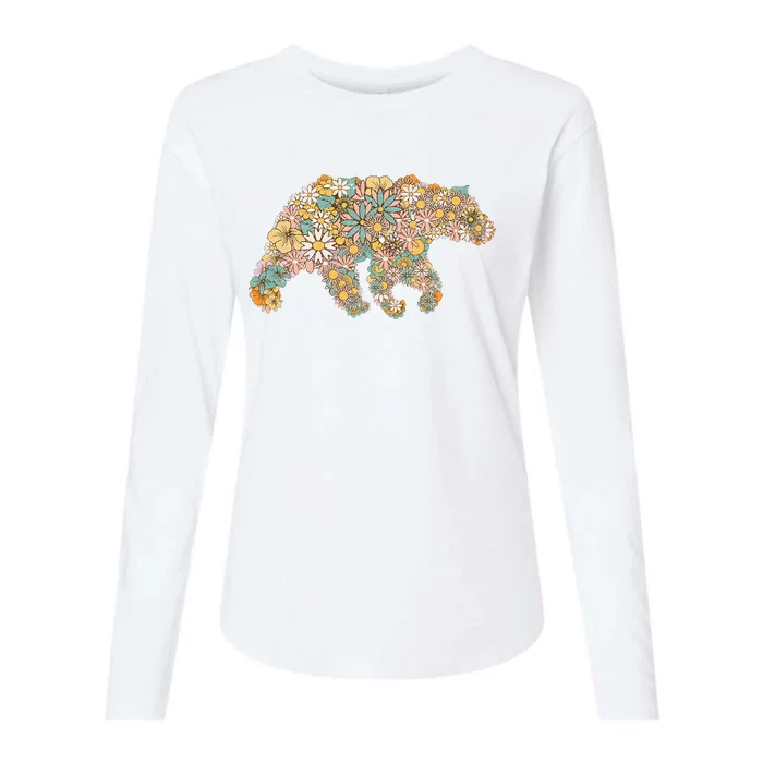 Retro Groovy Floral Bear Spring Nature Bear Lovers Womens Cotton Relaxed Long Sleeve T-Shirt