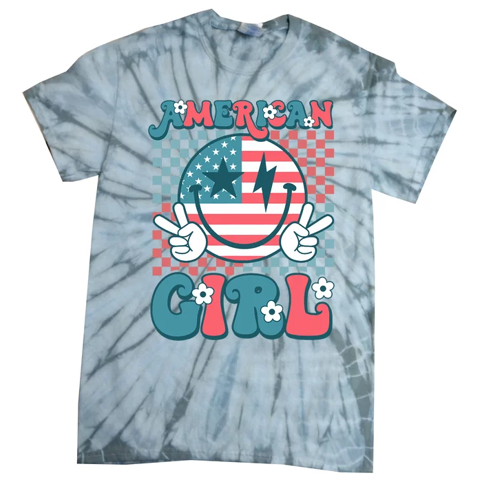 Retro Groovy Fourth 4th Of July Smile American Girl Tie-Dye T-Shirt