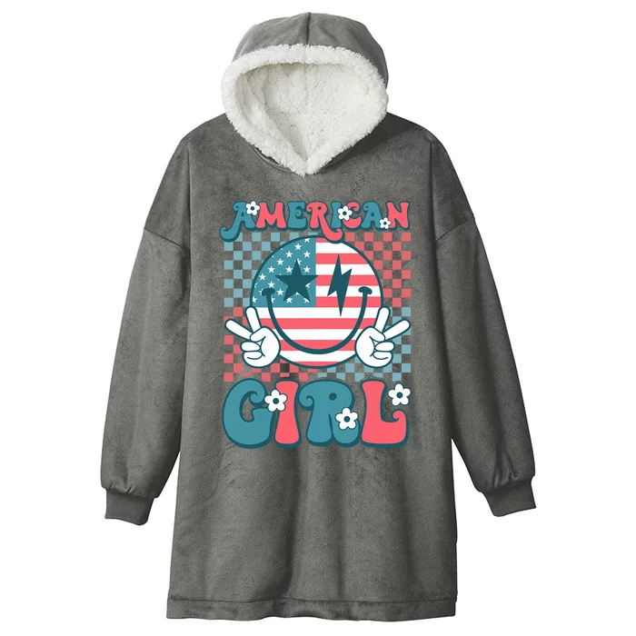 Retro Groovy Fourth 4th Of July Smile American Girl Hooded Wearable Blanket