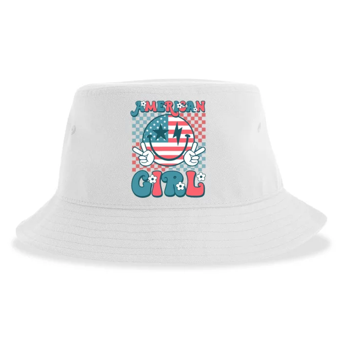 Retro Groovy Fourth 4th Of July Smile American Girl Sustainable Bucket Hat