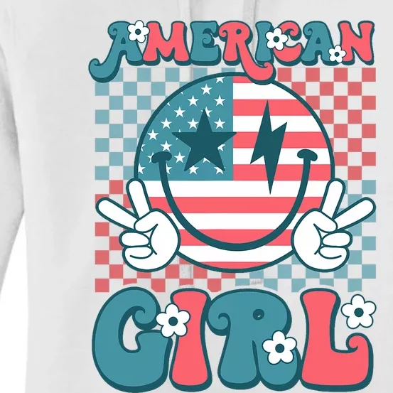 Retro Groovy Fourth 4th Of July Smile American Girl Women's Pullover Hoodie