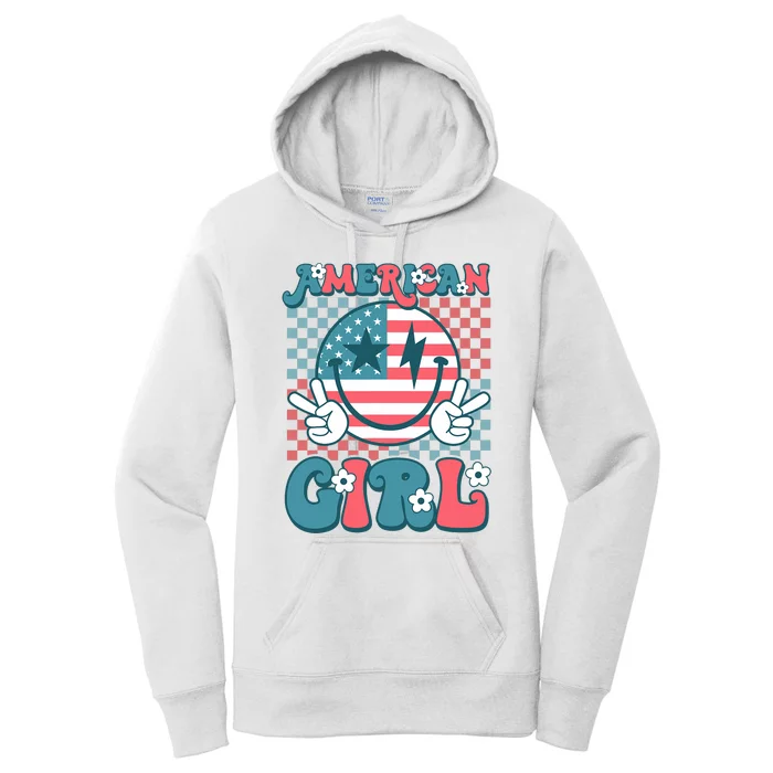 Retro Groovy Fourth 4th Of July Smile American Girl Women's Pullover Hoodie