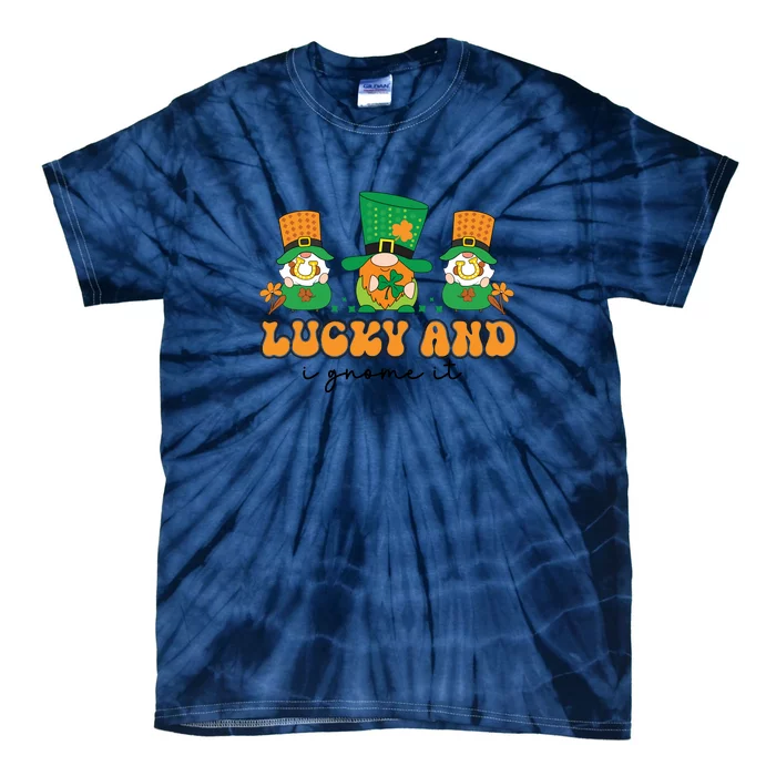 Retro Groovy Funny St. Patricks Friends Gnomes I'm Lucky And I Gnome It Tie-Dye T-Shirt