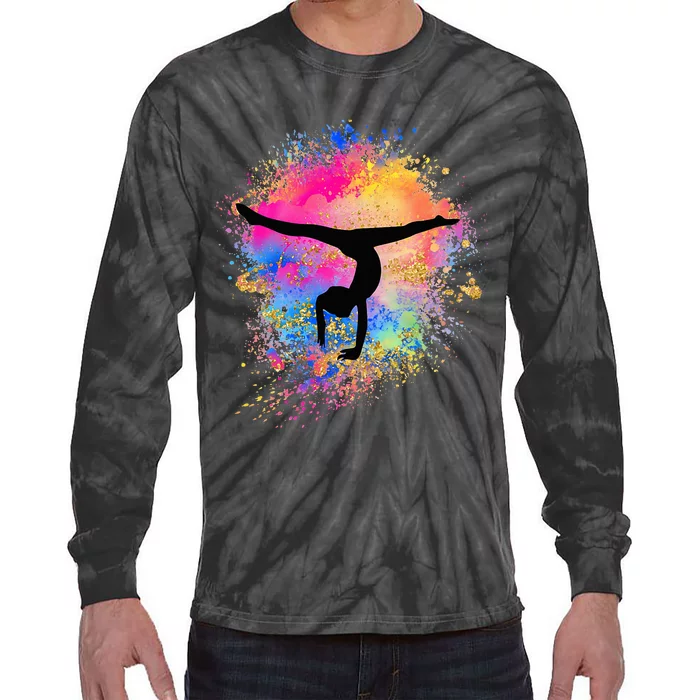 Rainbow Gymnastics Female Gymnast Silhouette Handstand Tie-Dye Long Sleeve Shirt