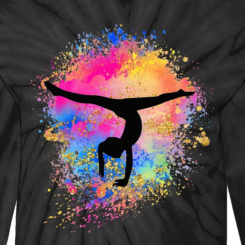 Rainbow Gymnastics Female Gymnast Silhouette Handstand Tie-Dye Long Sleeve Shirt