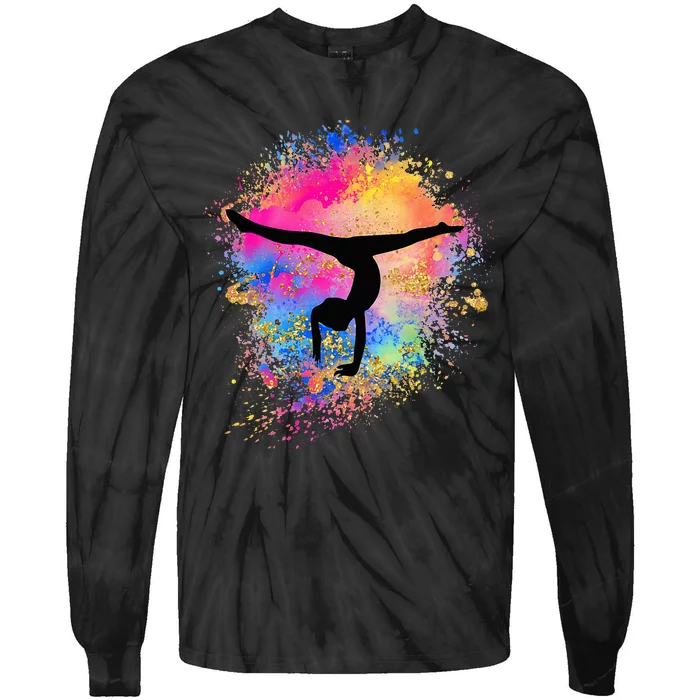 Rainbow Gymnastics Female Gymnast Silhouette Handstand Tie-Dye Long Sleeve Shirt