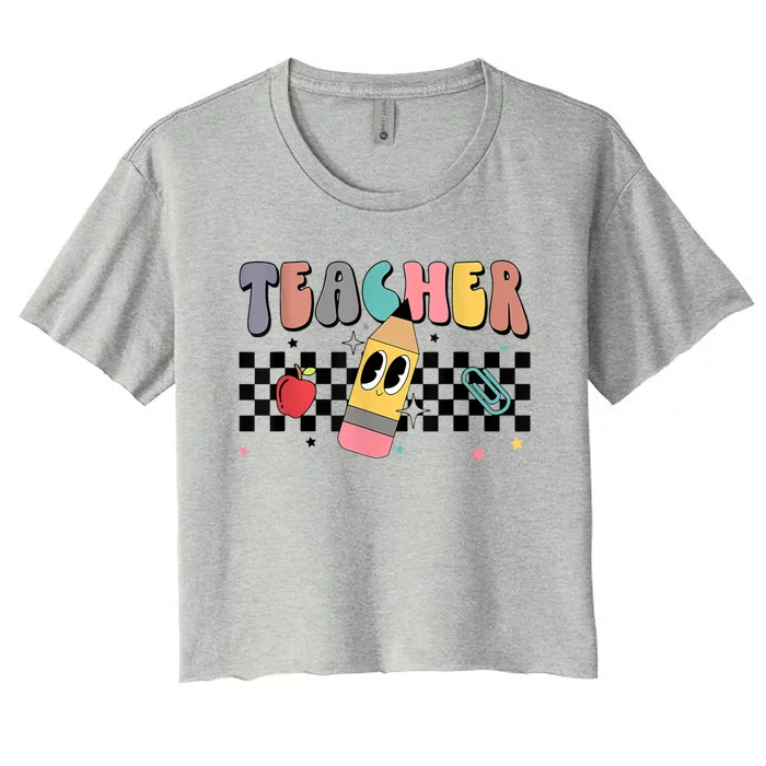 Retro Groovy Funny Math Teacher Happy 100 Days Of School Gift Women's Crop Top Tee