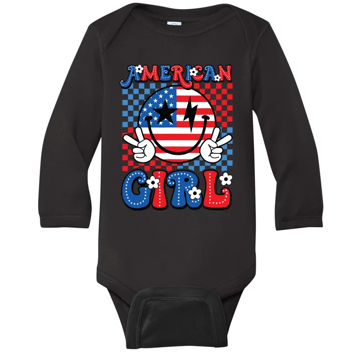 Retro Groovy Fourth 4th Of July Smile American Girl Baby Long Sleeve Bodysuit