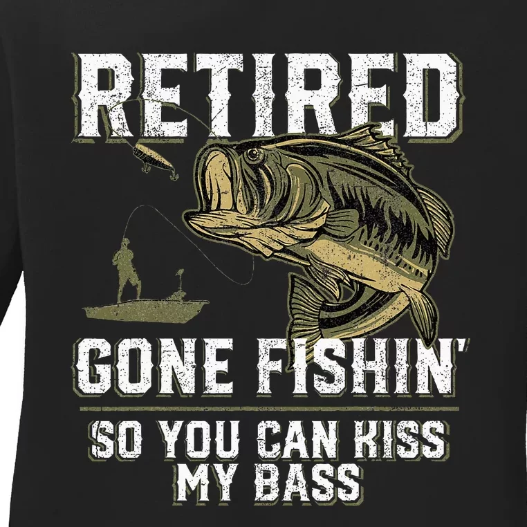 Retired Gone Fishin Funny Bass Fishing Fisherman Retirement Ladies Long Sleeve Shirt