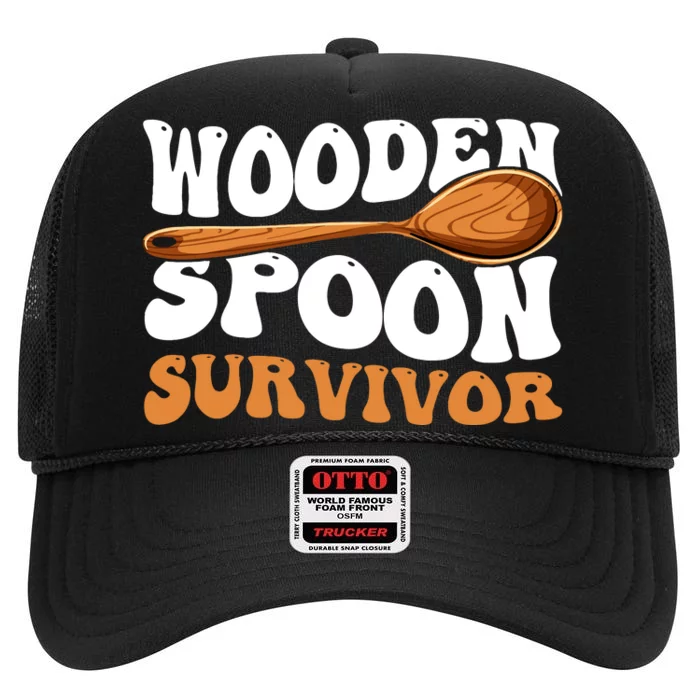 Retro Groovy Funny Wooden Spoon Survivor High Crown Mesh Trucker Hat