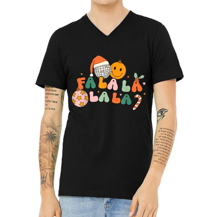 Retro Groovy Fa La La Christmas Cute Santa Hat Xmas Lights V-Neck T-Shirt