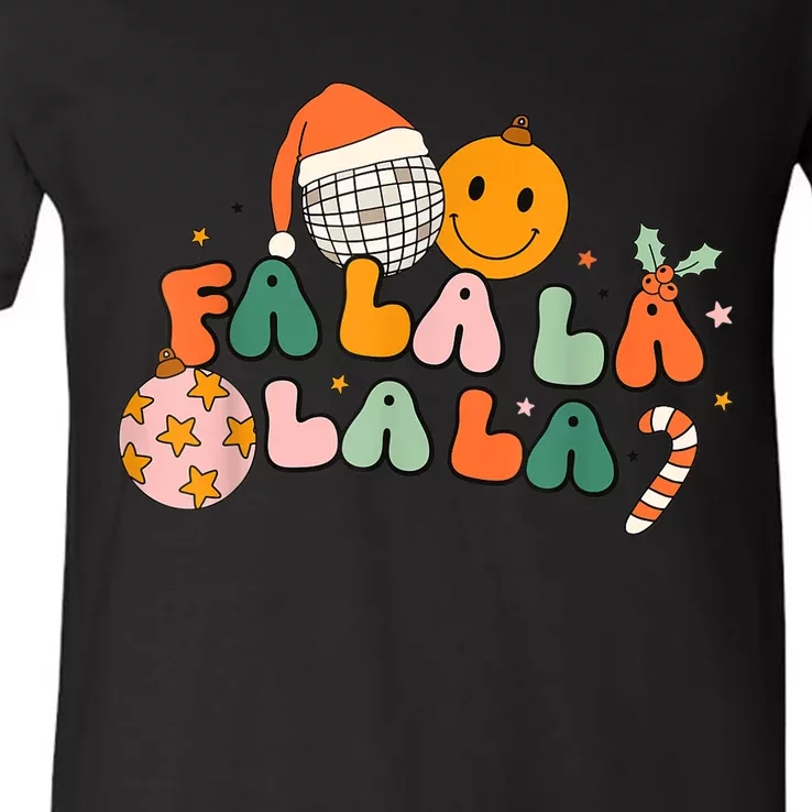 Retro Groovy Fa La La Christmas Cute Santa Hat Xmas Lights V-Neck T-Shirt