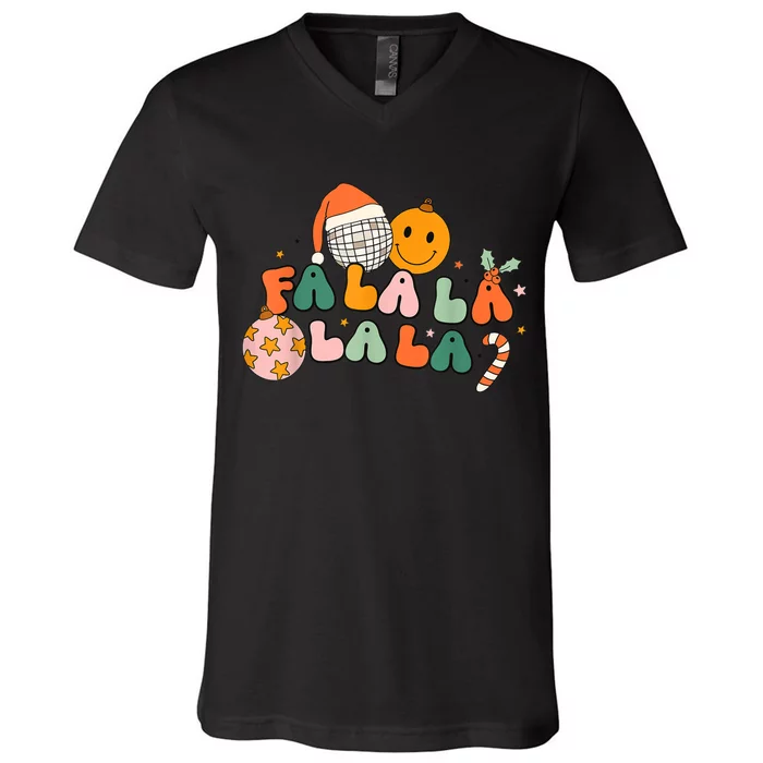 Retro Groovy Fa La La Christmas Cute Santa Hat Xmas Lights V-Neck T-Shirt