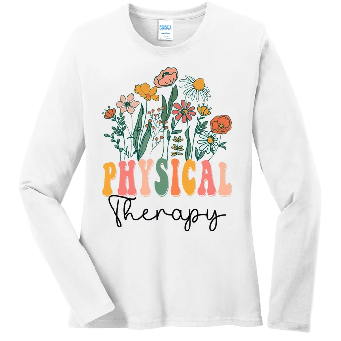 Retro Groovy Floral Physical Therapy Wildflower Ladies Long Sleeve Shirt