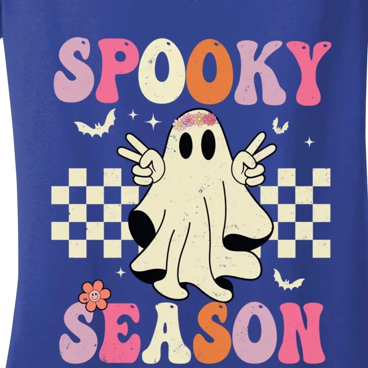 Retro Groovy Ghost Spooky Season Ghost Boo Halloween Costume Cute Gift Women's V-Neck T-Shirt