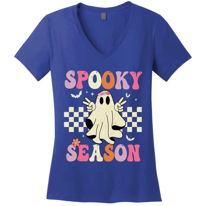 Retro Groovy Ghost Spooky Season Ghost Boo Halloween Costume Cute Gift Women's V-Neck T-Shirt