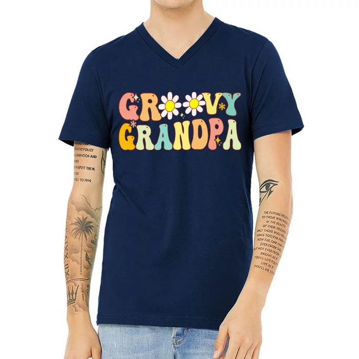 Retro Groovy Grandpa Birthday Matching Family Fathers Day V-Neck T-Shirt