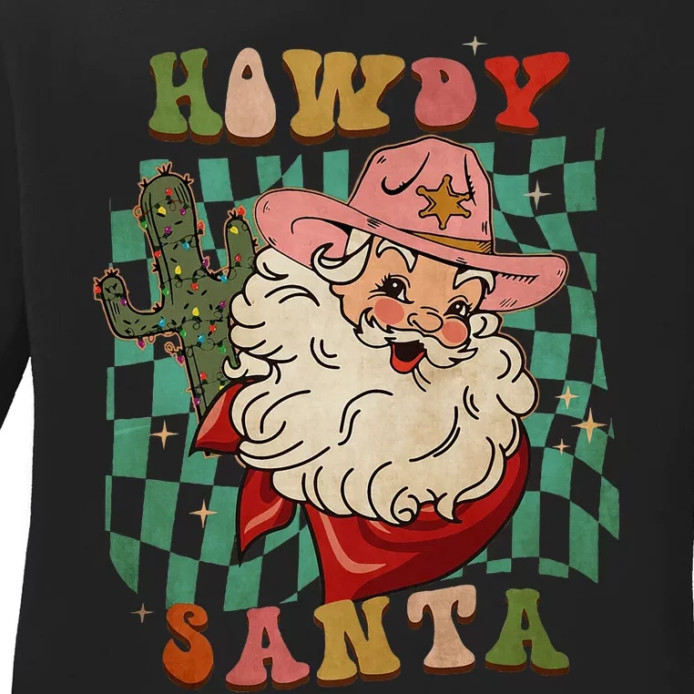 Retro Groovy Howdy Santa Christmas Cowboy Santa Xmas Costume Ladies Long Sleeve Shirt