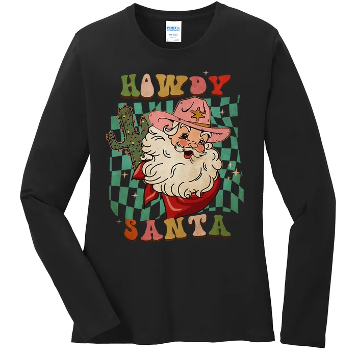 Retro Groovy Howdy Santa Christmas Cowboy Santa Xmas Costume Ladies Long Sleeve Shirt