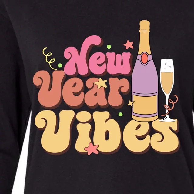 Retro Groovy Happy New Year Vibes Party Funny Hello 2024 Funny Gift Womens Cotton Relaxed Long Sleeve T-Shirt