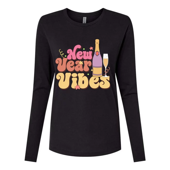 Retro Groovy Happy New Year Vibes Party Funny Hello 2024 Funny Gift Womens Cotton Relaxed Long Sleeve T-Shirt