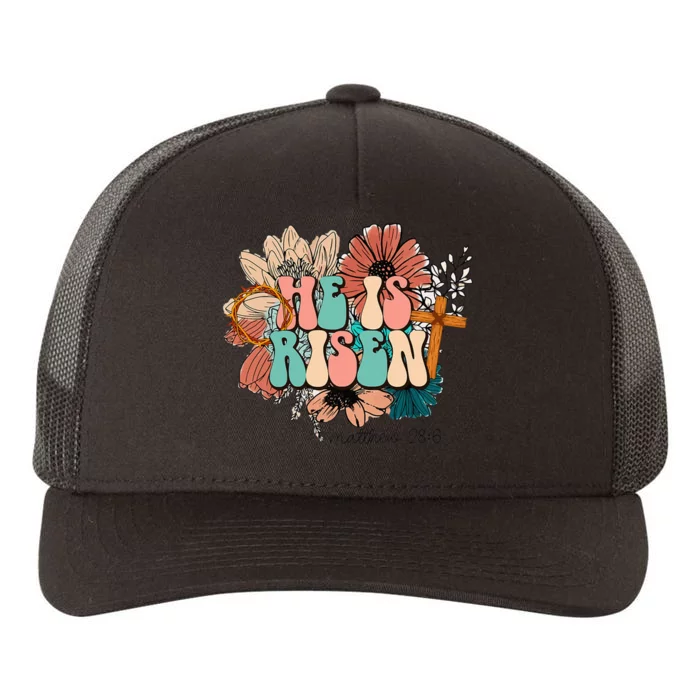 Retro Groovy He Is Risen Floral Jesus Easter Day Christians Yupoong Adult 5-Panel Trucker Hat