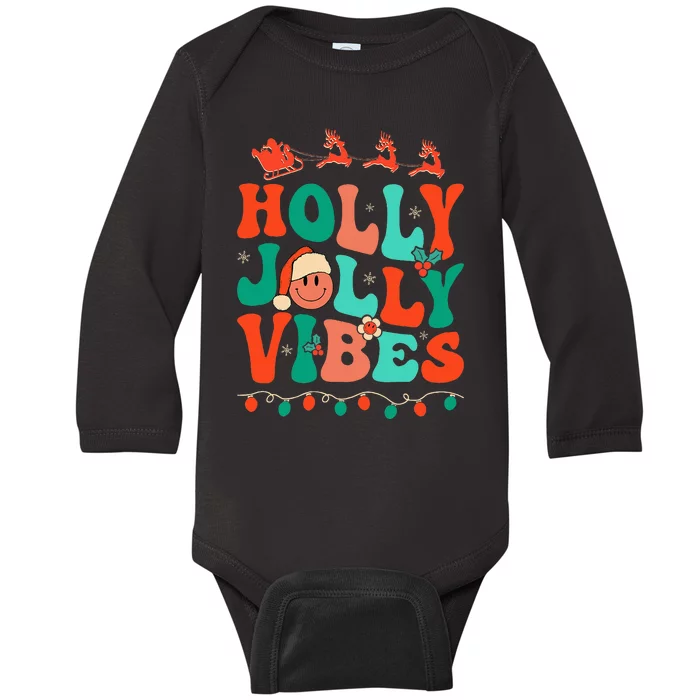 Retro Groovy Holly Xmas Jolly Vibes Christmas Baby Long Sleeve Bodysuit