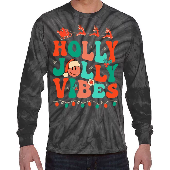 Retro Groovy Holly Xmas Jolly Vibes Christmas Tie-Dye Long Sleeve Shirt