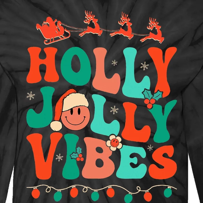 Retro Groovy Holly Xmas Jolly Vibes Christmas Tie-Dye Long Sleeve Shirt