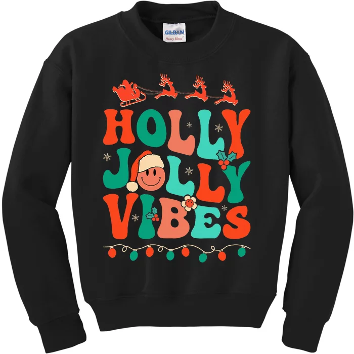 Retro Groovy Holly Xmas Jolly Vibes Christmas Kids Sweatshirt