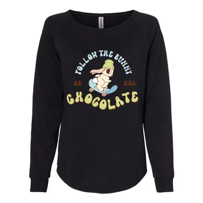 Retro Groovy Happy Easter Follow The Bunny He Has Chocolate Gift Womens California Wash Sweatshirt