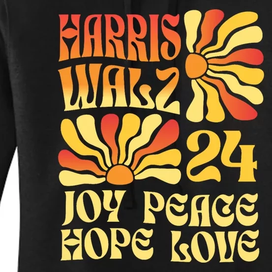 Retro Groovy Hope Joy Love Peace Kamala Harris Walz 2024 Women's Pullover Hoodie