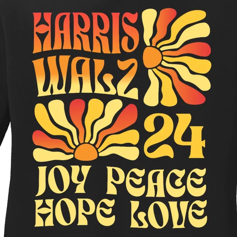 Retro Groovy Hope Joy Love Peace Kamala Harris Walz 2024 Ladies Long Sleeve Shirt