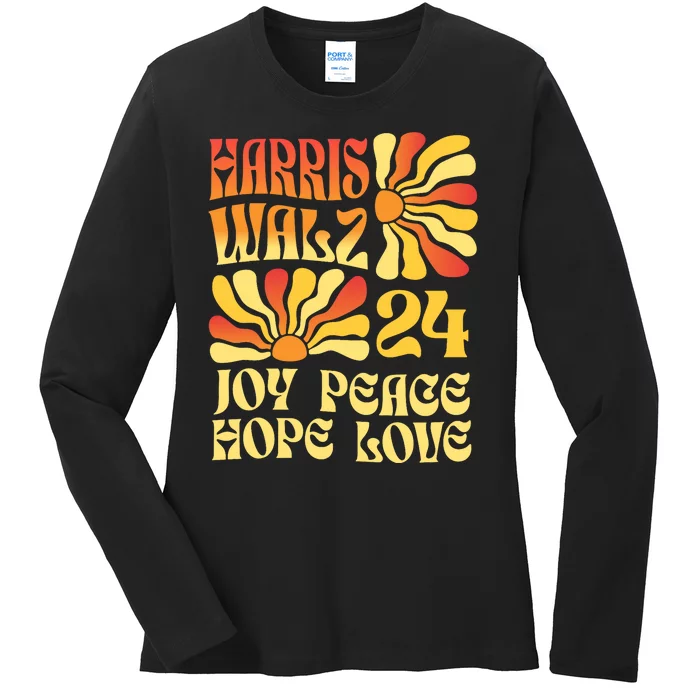 Retro Groovy Hope Joy Love Peace Kamala Harris Walz 2024 Ladies Long Sleeve Shirt